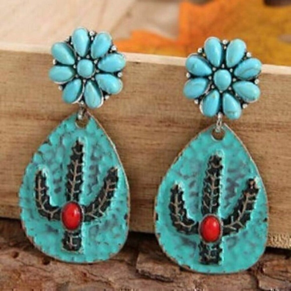 Bohemian Green Stone Geometric Pendant Stud Cactus TurquoiseEarrings
